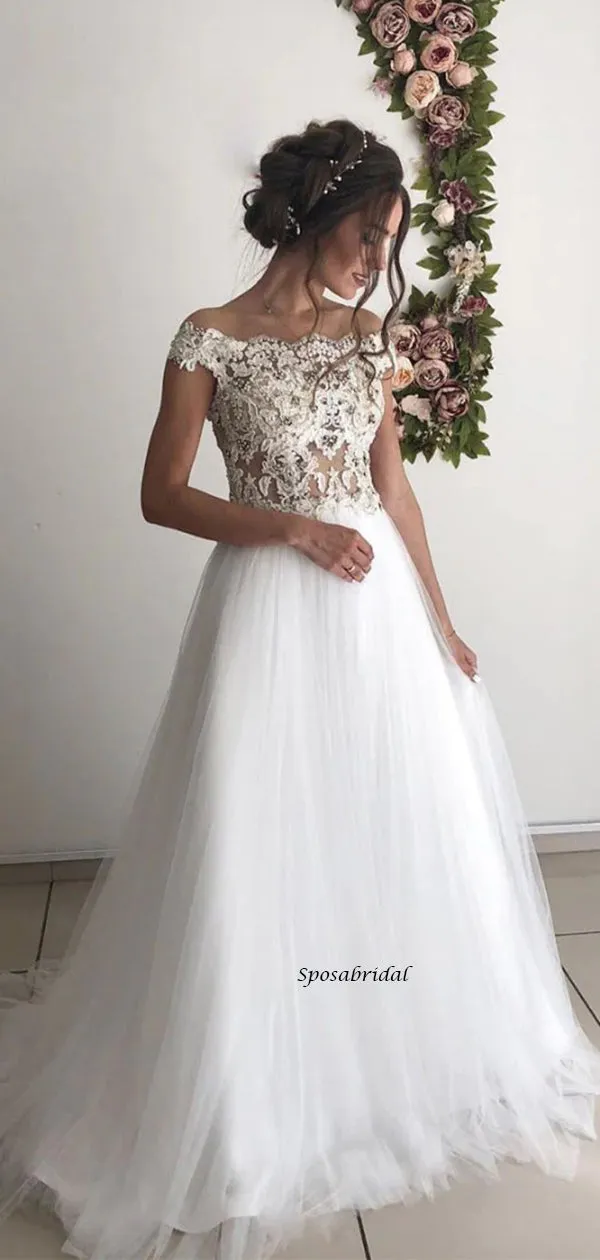 A-line Lace Cap Sleevs Vintage Elegant Wedding Dresses WD0474