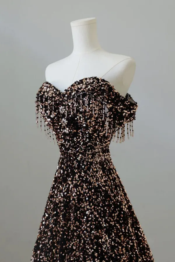 A Line Off Shoulder Coffee Gold Sequin Long Prom Dress, Coffee Gold Formal Dress APP0912
