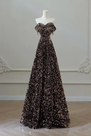 A Line Off Shoulder Coffee Gold Sequin Long Prom Dress, Coffee Gold Formal Dress APP0912
