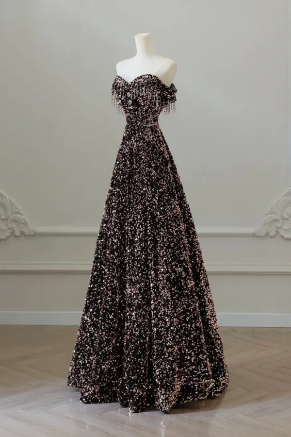 A Line Off Shoulder Coffee Gold Sequin Long Prom Dress, Coffee Gold Formal Dress APP0912