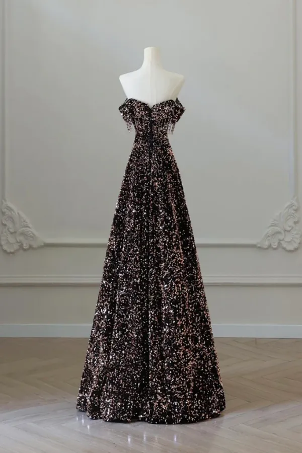 A Line Off Shoulder Coffee Gold Sequin Long Prom Dress, Coffee Gold Formal Dress APP0912