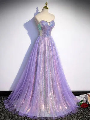 A line Purple Sweetheart Neck Tulle Long Prom Dress, Purple Evening Dress        fg4293