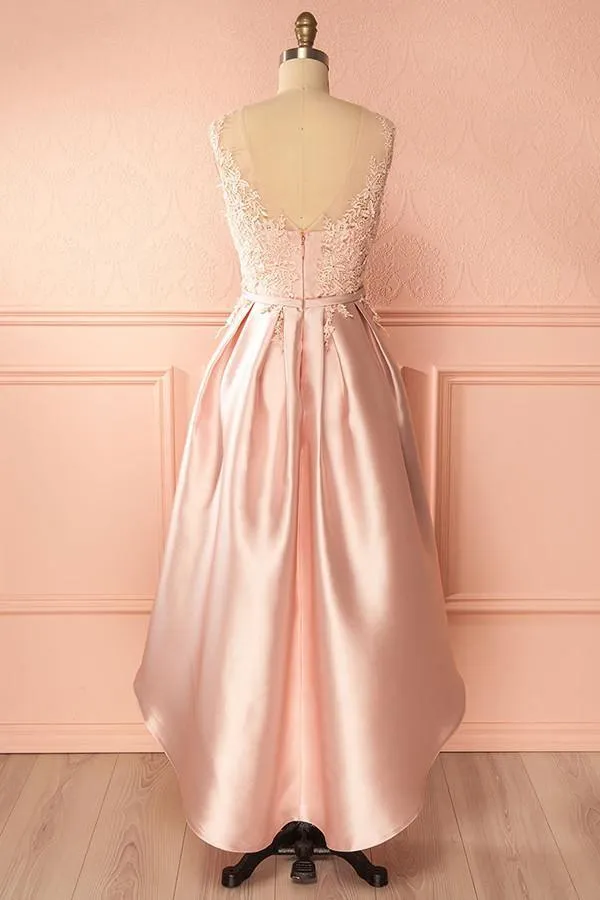 A-Line Scoop High Low Pink Satin Homecoming Dress With Appliques  TR0200