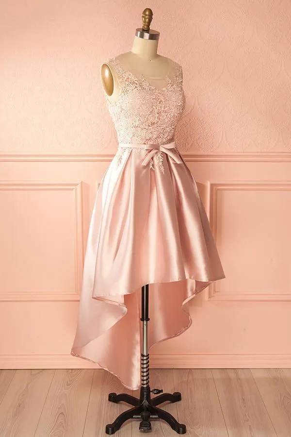 A-Line Scoop High Low Pink Satin Homecoming Dress With Appliques  TR0200