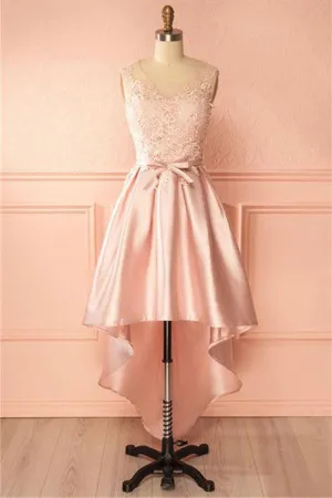 A-Line Scoop High Low Pink Satin Homecoming Dress With Appliques  TR0200