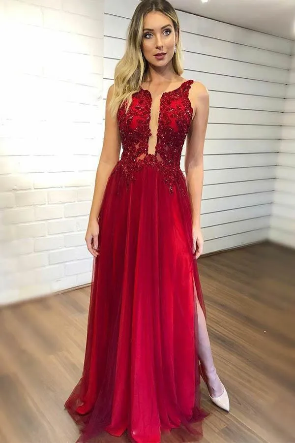 A-line Sleeveless Split Floor-Length Prom Dresses With Appliques Beading PG898