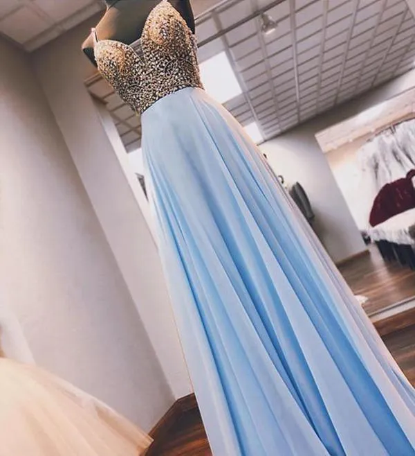 A-line Spaghetti Straps Sky Blue Beaded Long Prom Dress Evening Dress PSK197