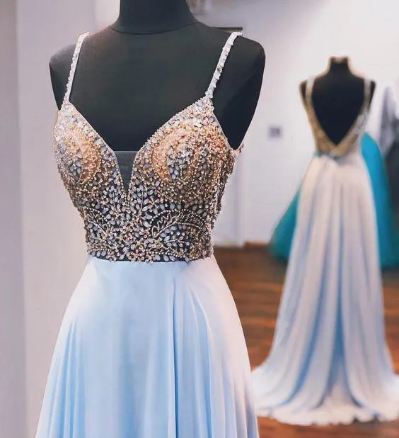 A-line Spaghetti Straps Sky Blue Beaded Long Prom Dress Evening Dress PSK197