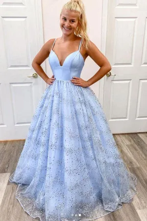 A-line Straps Tulle Blue Sequin Long Prom Dress Evening Dress  TP1029