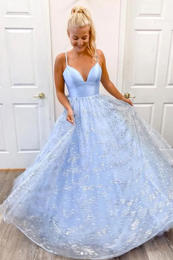 A-line Straps Tulle Blue Sequin Long Prom Dress Evening Dress  TP1029