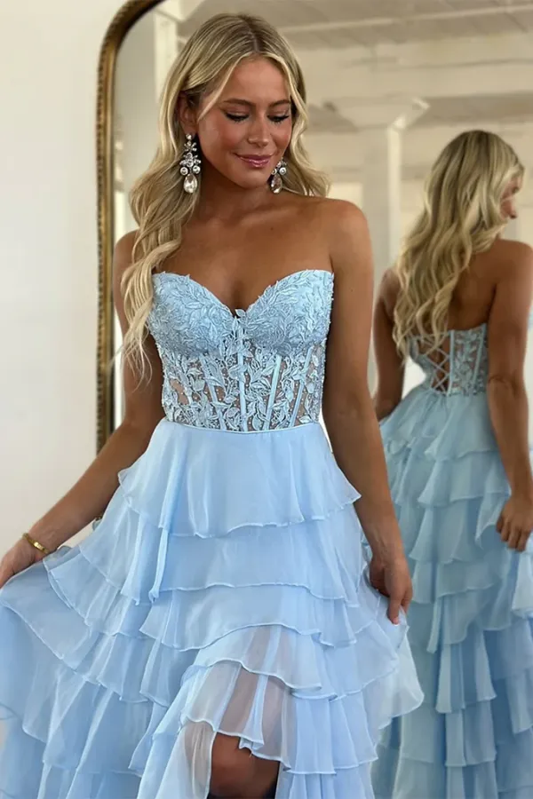 A Line Sweetheart Neck Chiffon Lace Blue Long Prom Dress, Long Formal Dress APP1140