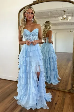 A Line Sweetheart Neck Chiffon Lace Blue Long Prom Dress, Long Formal Dress APP1140