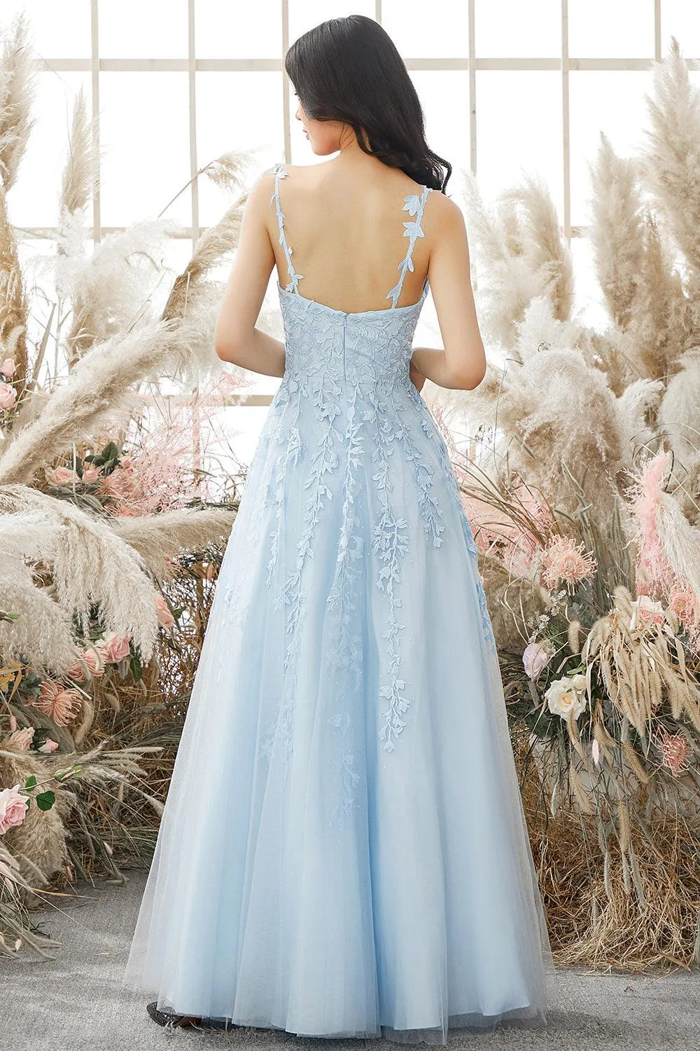 A-line V Neck Sky Blue Lace Prom Dress Lavender Formal Dress TP1167