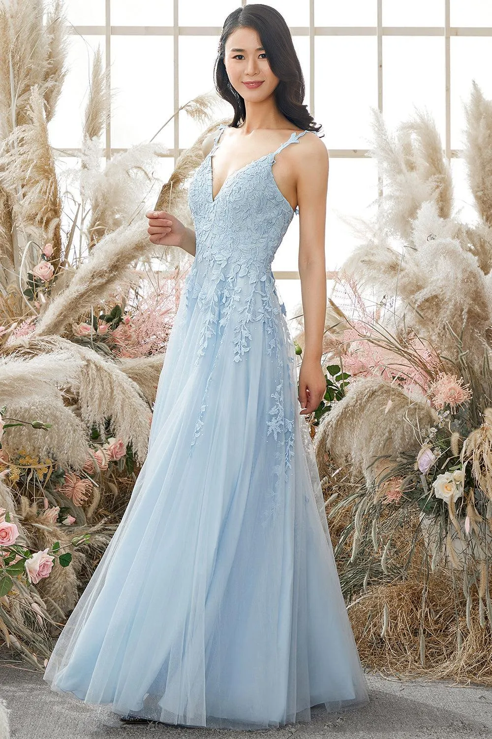 A-line V Neck Sky Blue Lace Prom Dress Lavender Formal Dress TP1167