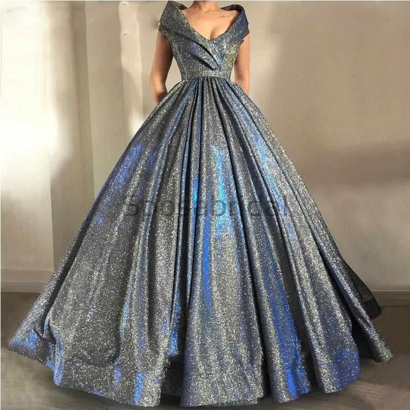 A-line V-Neck Sparkly Sequin Simple Vintage Long Prom Dresses, Ball Gown PD1757