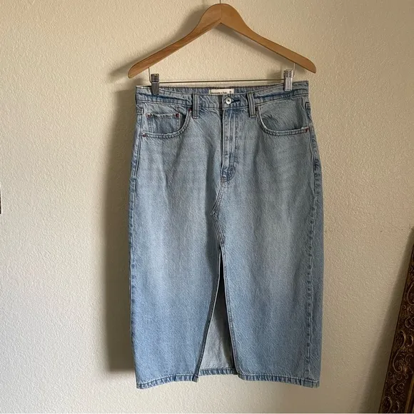 Abercrombie &amp; Fitch High Rise Denim Jean Skirt Long Midi Knee Length Front Slit