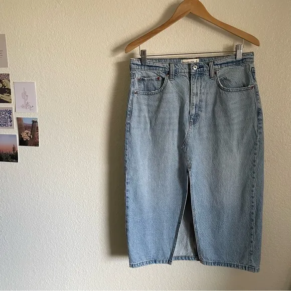 Abercrombie &amp; Fitch High Rise Denim Jean Skirt Long Midi Knee Length Front Slit