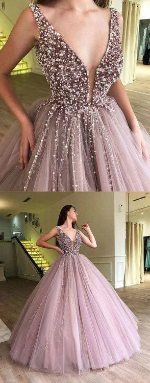 Anneprom V Neck Tulle Long Ball Gown Prom Dress, Formal Evening Dress APP0342