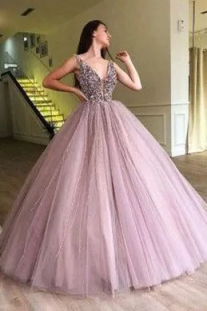 Anneprom V Neck Tulle Long Ball Gown Prom Dress, Formal Evening Dress APP0342