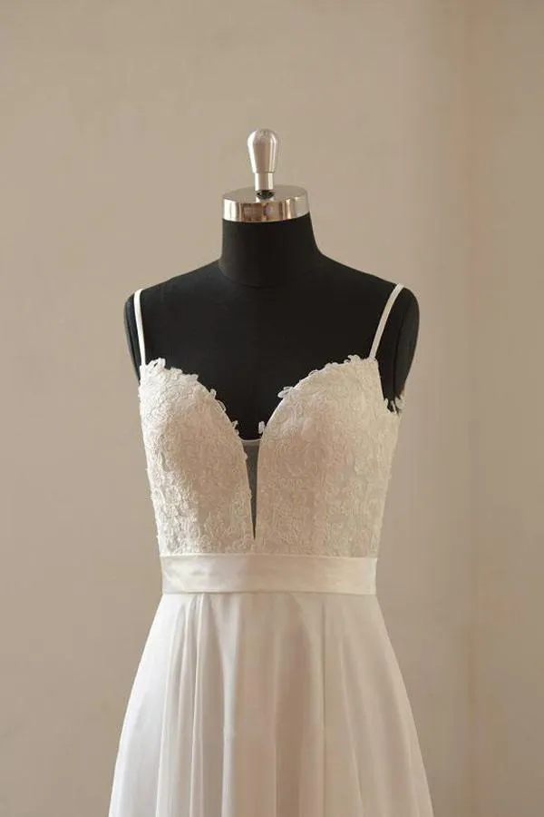 Anneprom Vintage A-Line Spaghetti Straps Long White Chiffon Wedding Dresses APW0064