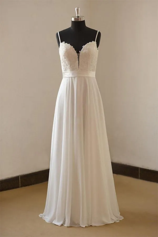 Anneprom Vintage A-Line Spaghetti Straps Long White Chiffon Wedding Dresses APW0064