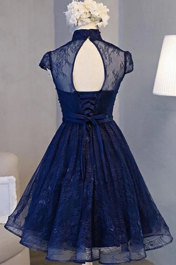 Anneprom Vintage Navy Blue Cap Sleeves Homecoming Dress Party Dresses APH0029