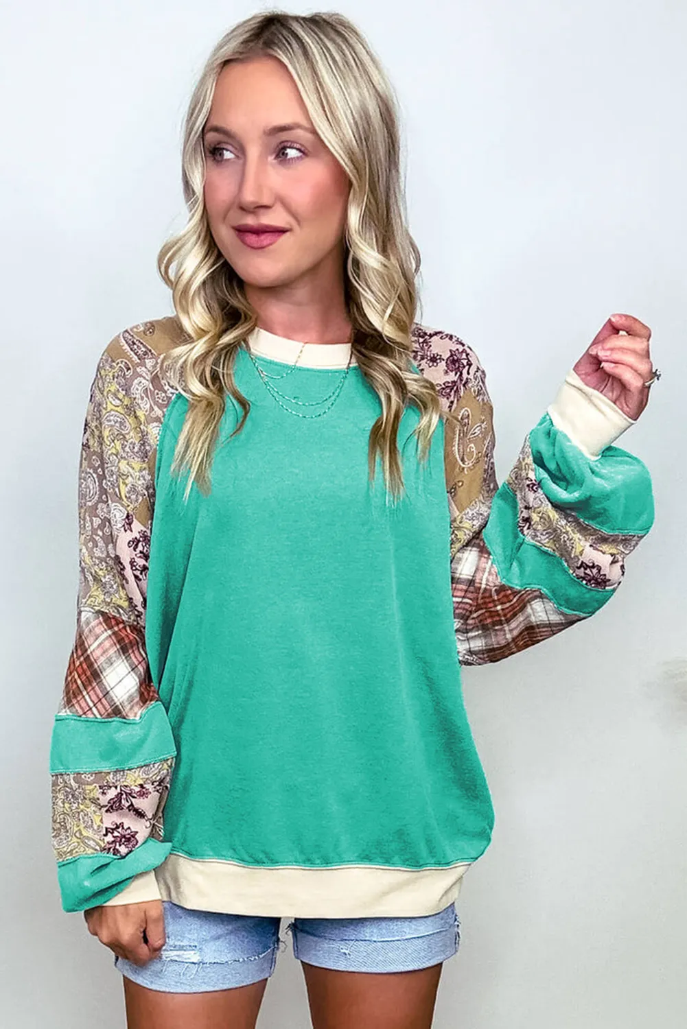 Aruba Blue Plaid Vintage Paisley Patchwork Long Sleeve Raglan Top