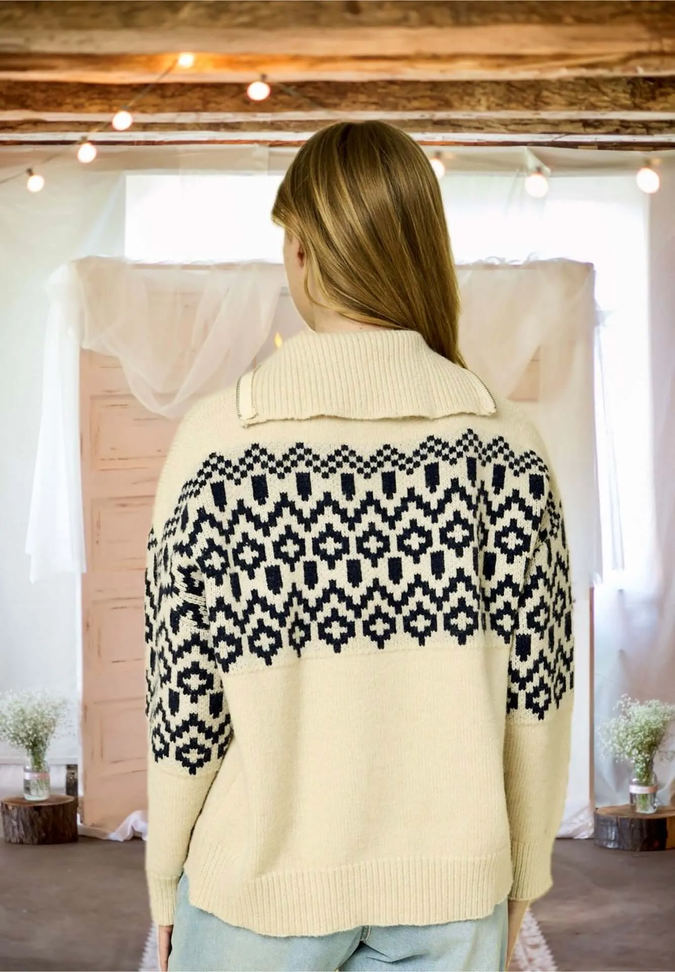 Aspen Dreams Half Zip Sweater in Ivory and Navy