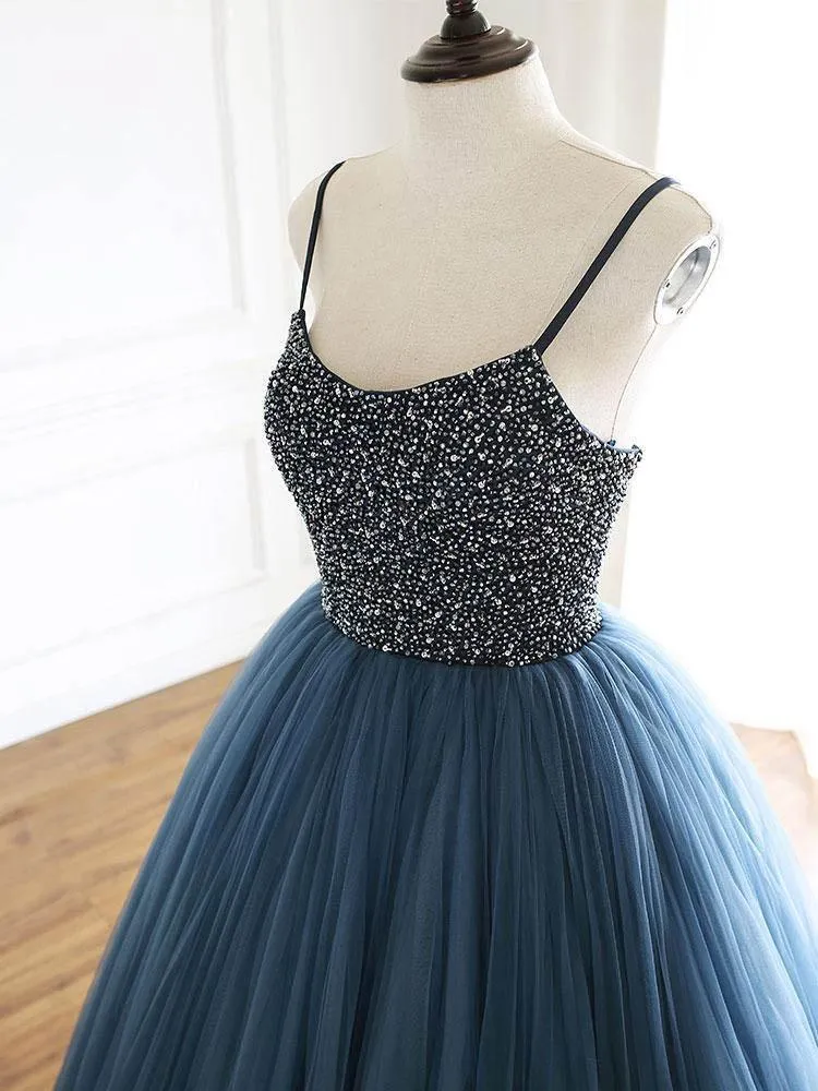 Ball Gown Deep Blue Tulle Prom Dress Evening Dress With Beading TP1179