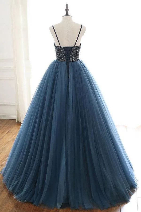 Ball Gown Deep Blue Tulle Prom Dress Evening Dress With Beading TP1179