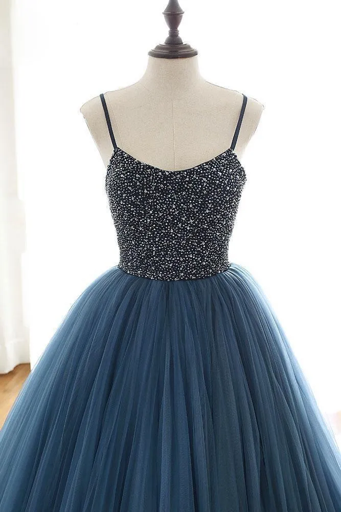 Ball Gown Deep Blue Tulle Prom Dress Evening Dress With Beading TP1179