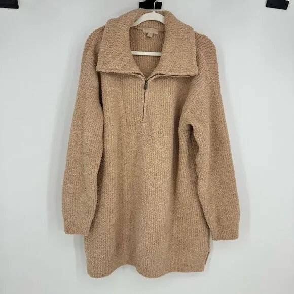 Barefoot dreams Ribbed 1/4 zip pull over sweater Womens 1X Beige Soft Relaxed