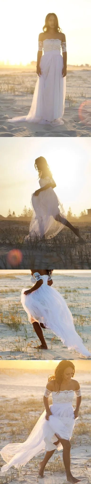Bateau Short Sleeve White  Wedding Dress Latest Simple Lace Summer Beach Bridal Gowns , PD0224