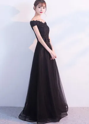 Beautiful Black Off Shoulder Lace and Tulle Party Dress, Charming Formal Gown