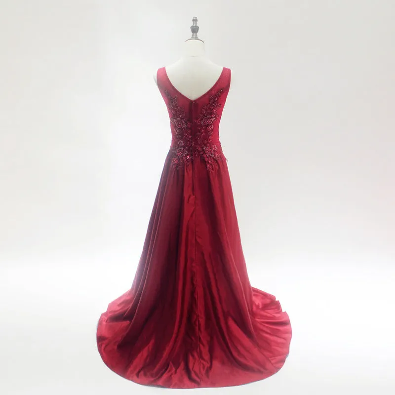 Beautiful Dark Red Satin Slit Prom Dress 2020, V-neckline Lace Applique