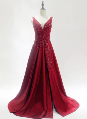Beautiful Dark Red Satin Slit Prom Dress 2020, V-neckline Lace Applique