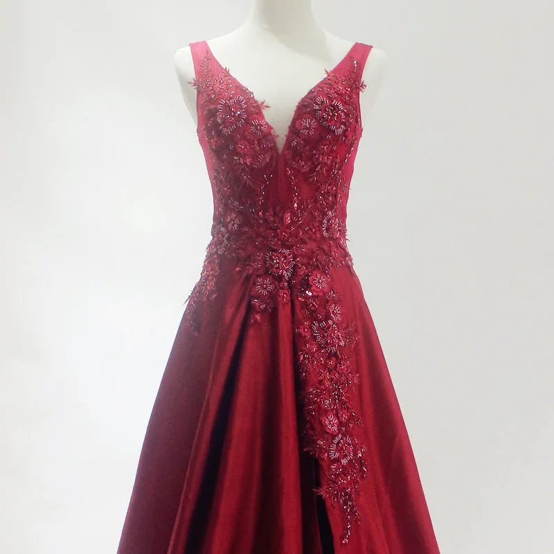 Beautiful Dark Red Satin Slit Prom Dress 2020, V-neckline Lace Applique