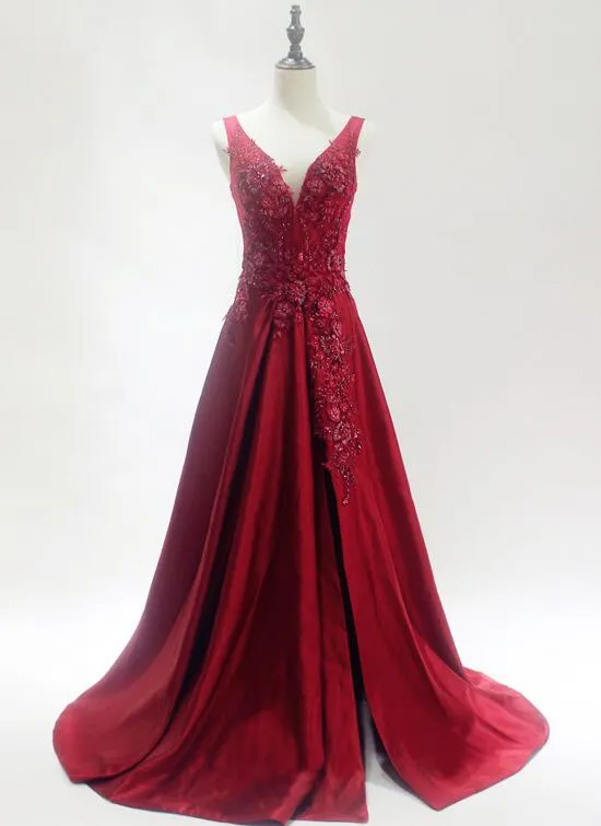 Beautiful Dark Red Satin Slit Prom Dress 2020, V-neckline Lace Applique