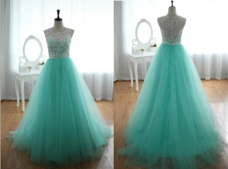Beautiful Lace and Tulle Round Neckline Turquoise Formal Gown, Sweet 16 Party Dress