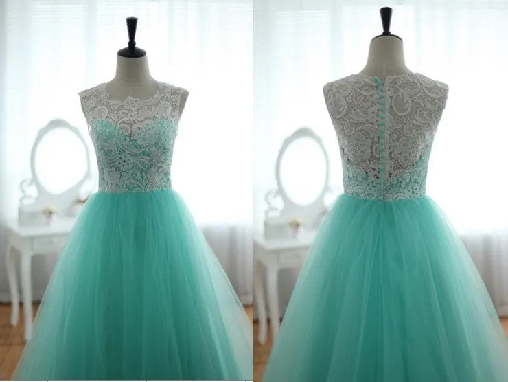 Beautiful Lace and Tulle Round Neckline Turquoise Formal Gown, Sweet 16 Party Dress