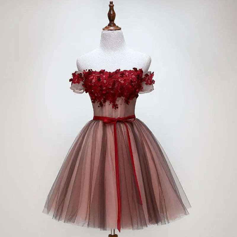 Beautiful Off Shoulder Tulle Knee Length Party Dress , Red Homecoming Dress with Applique