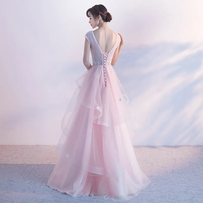 Beautiful Pink Flower Tulle and Satin Long Evening Dress, Pink Formal Dress