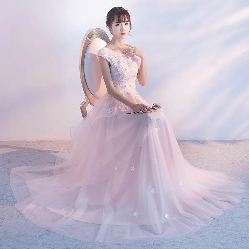 Beautiful Pink Flower Tulle and Satin Long Evening Dress, Pink Formal Dress