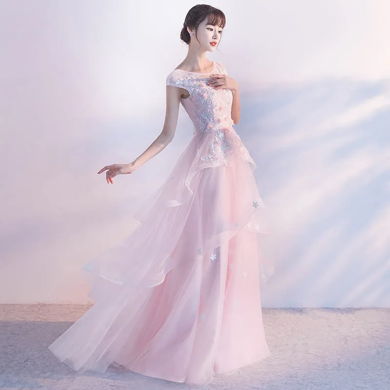 Beautiful Pink Flower Tulle and Satin Long Evening Dress, Pink Formal Dress