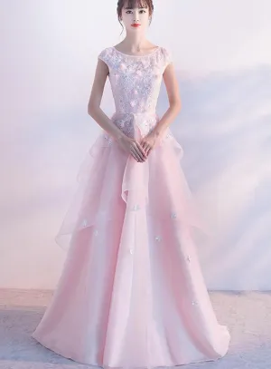 Beautiful Pink Flower Tulle and Satin Long Evening Dress, Pink Formal Dress