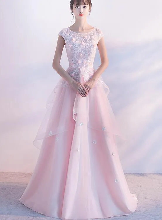 Beautiful Pink Flower Tulle and Satin Long Evening Dress, Pink Formal Dress