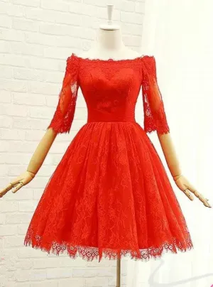 Beautiful Red Lace Short Sleeves Wedding Party Dress, Red Prom Dress