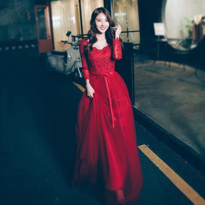 Beautiful Wine Red Long Sleeves Tulle Party Dress, Red Long Formal Gown
