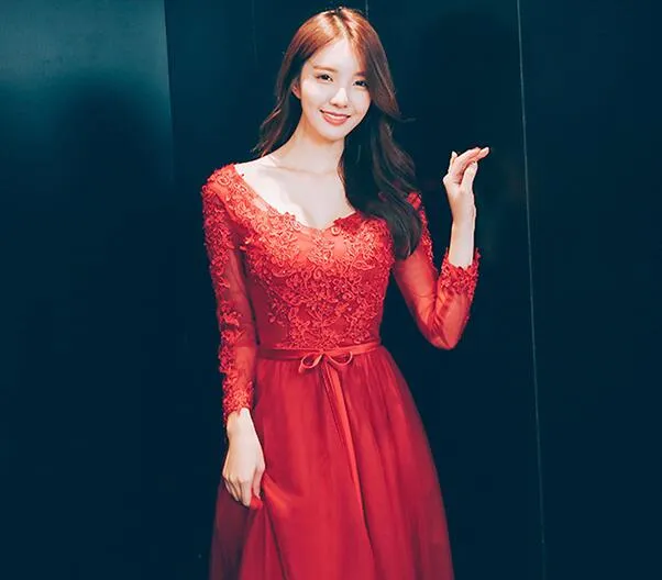 Beautiful Wine Red Long Sleeves Tulle Party Dress, Red Long Formal Gown