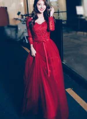 Beautiful Wine Red Long Sleeves Tulle Party Dress, Red Long Formal Gown